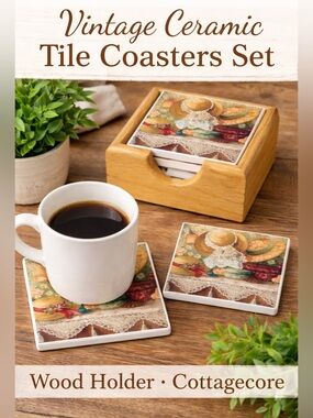Vintage Anna Krajewski Tile Cork Coasters Set Of 4 With Wood Case Country Hats